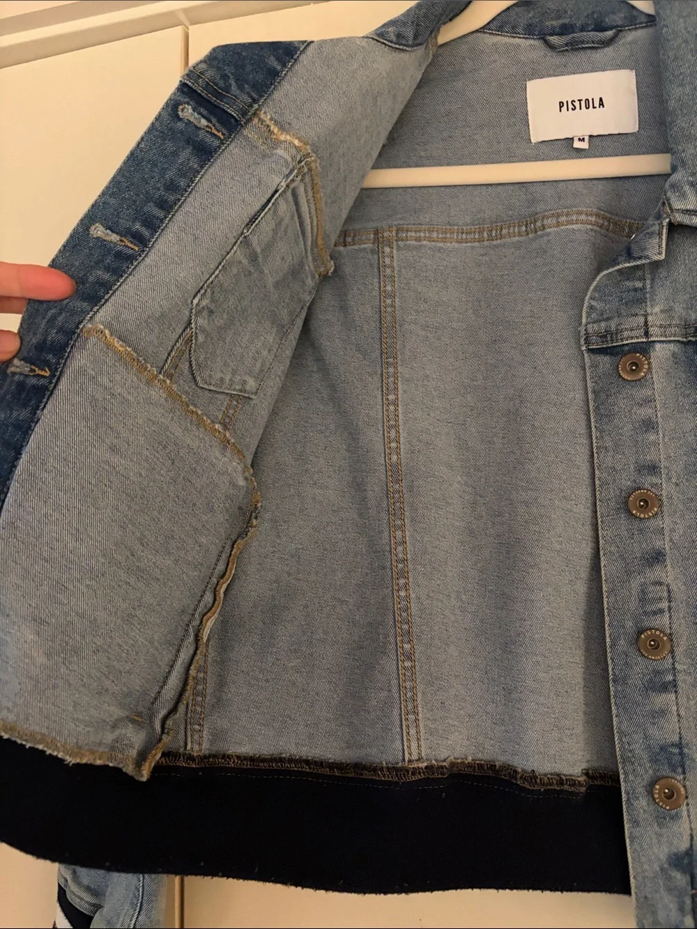 pistola light blue denim jacket with striped rib hem
